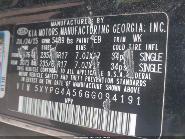 5XYPG4A56GG094191 KIA Sorento 3.3l Lx