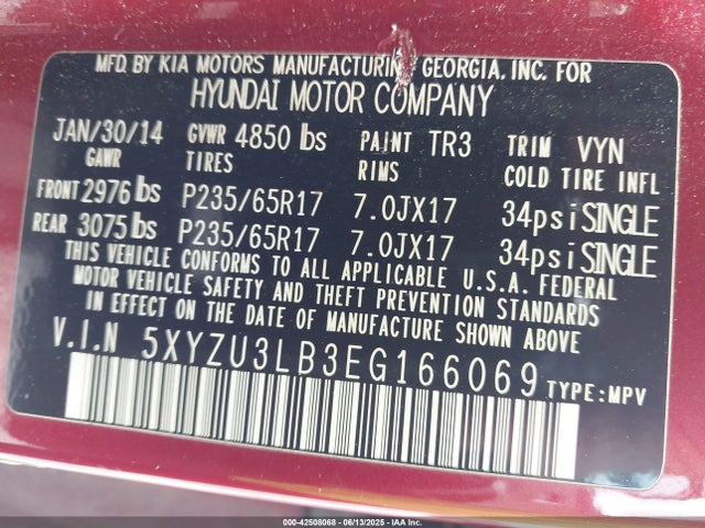 5XYZU3LB3EG166069 Hyundai gdi theta