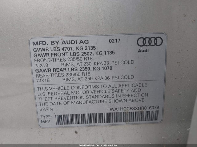 Audi 2017 2017 WA1HCCFSXHR016079 Image 9