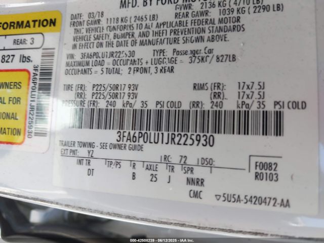 3FA6P0LU1JR225930 Ford Fusion Hybrid Se