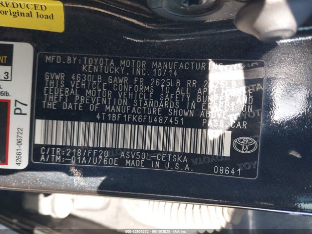 4T1BF1FK6FU487451 Toyota 2ar-fe