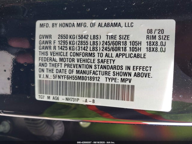 Honda j35y6 2021 5FNYF6H55MB018912 Image 9