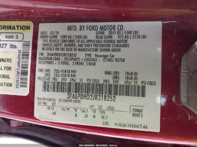 2018 FORD FUSION 3FA6P0HD2JR218252 Photo 8