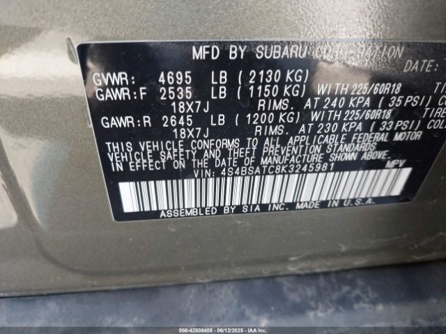 4S4BSATC8K3245981 Subaru Outback 2.5i Touring