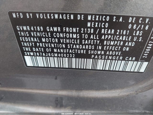 3VW267AJ6GM406232 Volkswagen 2016