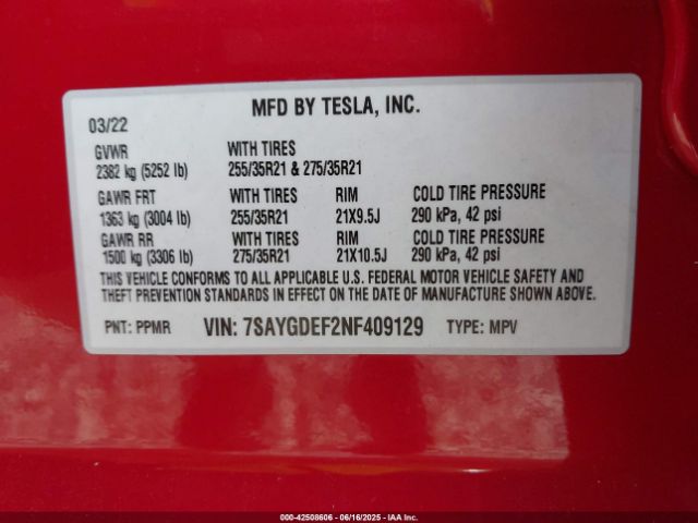 7SAYGDEF2NF409129 Tesla Model Y