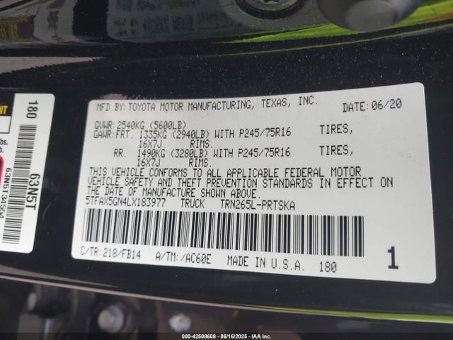 5TFAX5GN4LX183977 Toyota 2tr-fe