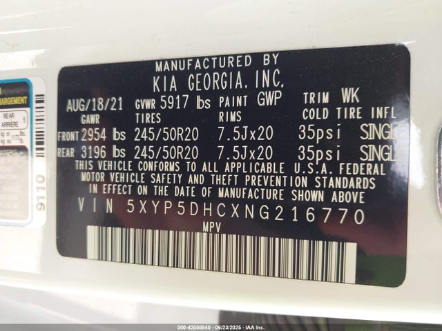 5XYP5DHCXNG216770 KIA gdi lambda-ii