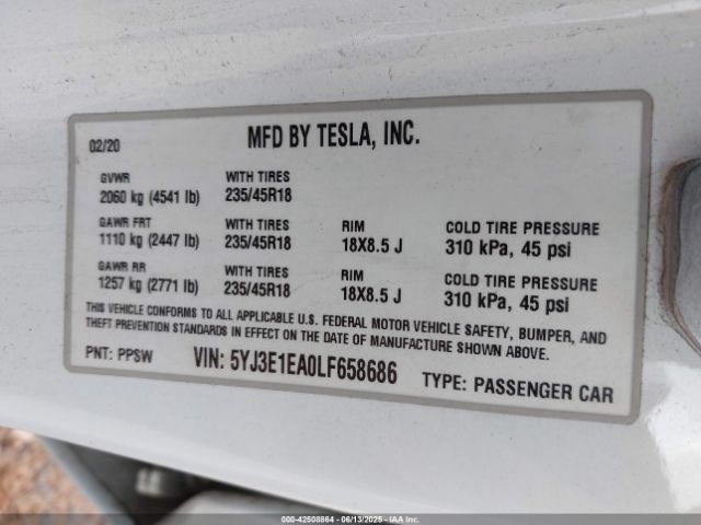 2020 TESLA MODEL 3 5YJ3E1EA0LF658686 Photo 8
