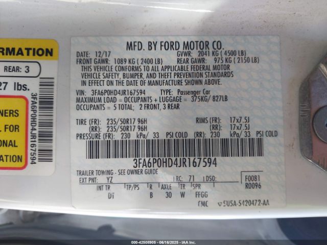 3FA6P0HD4JR167594 Ford 2018