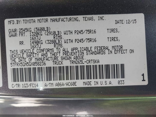 5TFRX5GN5GX058236 Toyota 2tr-fe