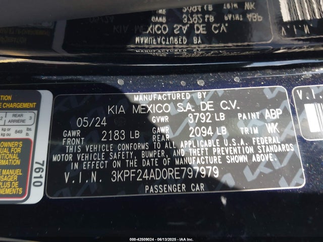 Aukcja sprzedaży 2024 Kia Forte Lxs, vin: 3KPF24AD0RE797979, numer aukcji: 42509024