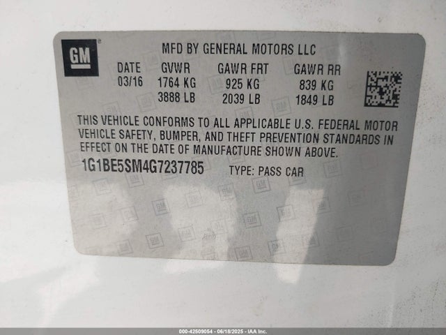 1G1BE5SM4G7237785 Chevrolet le2 - di: direct injection, alum, vvt, gen i, gmna