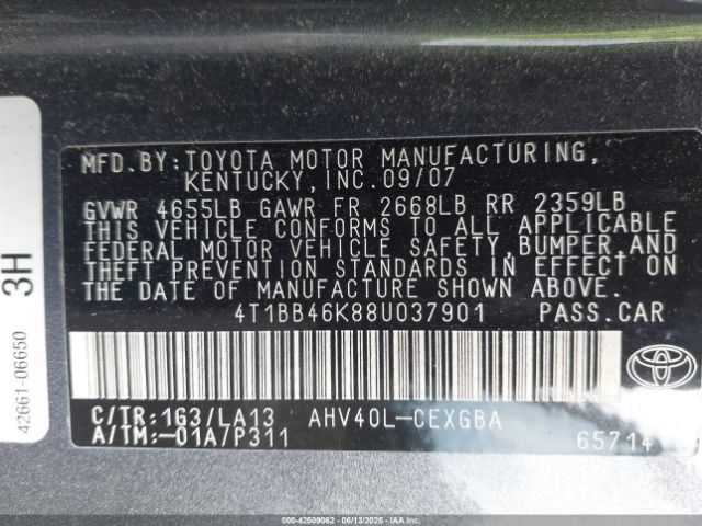 2008 TOYOTA CAMRY HYBRID 4T1BB46K88U037901 Photo 8