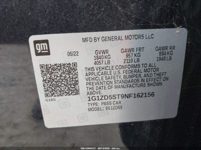 1G1ZD5ST9NF162156 Chevrolet Malibu Fwd Lt
