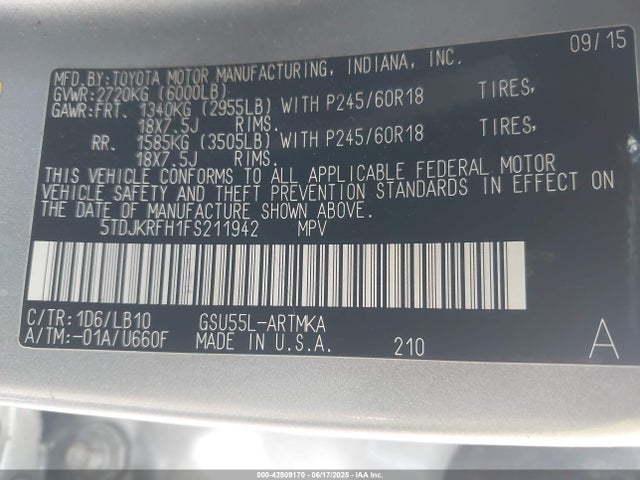 5TDJKRFH1FS211942 Toyota 2gr-fe