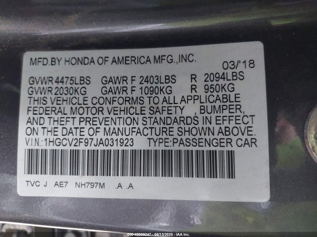 1HGCV2F97JA031923 Honda k20c4