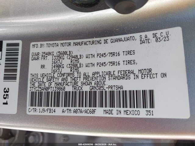 3TYCZ5AN0PT139860 Toyota 2gr-fks