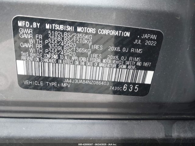 2022 MITSUBISHI OUTLANDER JA4J3UA84NZ086403 Photo 8