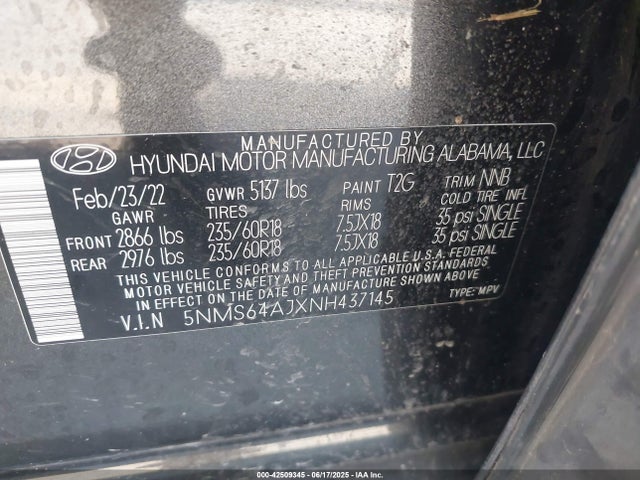 5NMS64AJXNH437145 Hyundai gdi theta iii