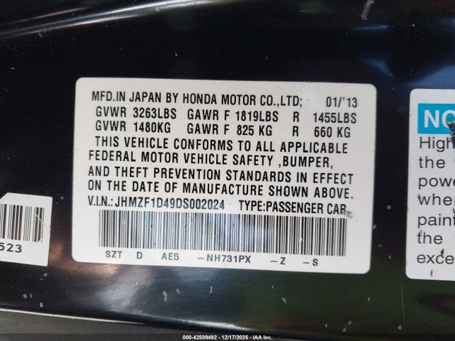 42509492 :رقم المزاد ، JHMZF1D49DS002024 vin ، 2013 Honda Cr-z مزاد بيع
