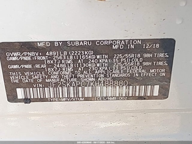 Subaru naturally aspirated u5 2019 JF2SKAPC7KH488880 Image 9