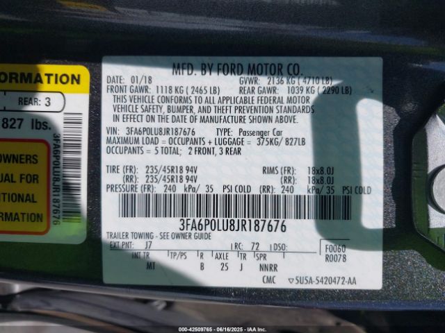 3FA6P0LU8JR187676 Ford 2.0l 4v atk hev