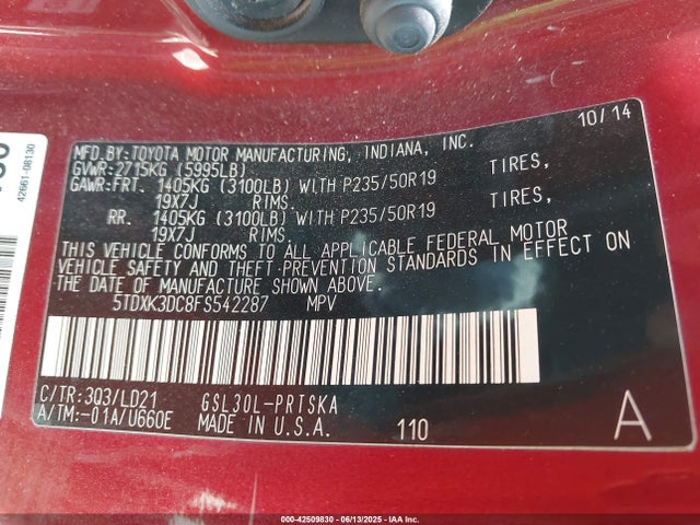 5TDXK3DC8FS542287 Toyota 2gr-fks