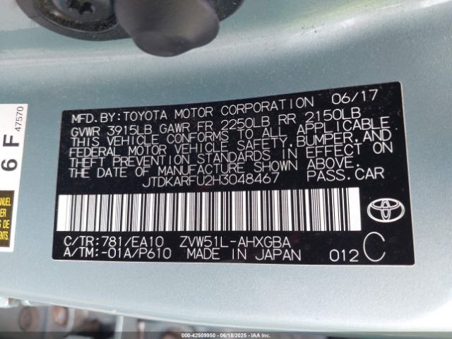 JTDKARFU2H3048467 Toyota 2zr-fxe,1nm