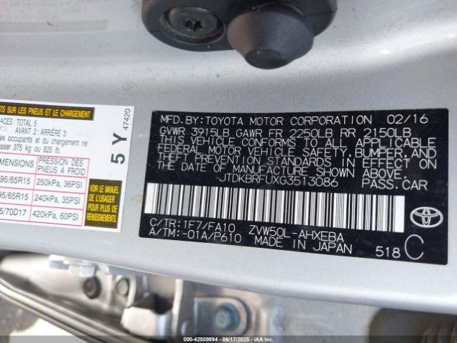 JTDKBRFUXG3513086 Toyota 2zr-fxe,1nm