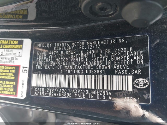 4T1B11HK3JU053881 Toyota CAMRY LE