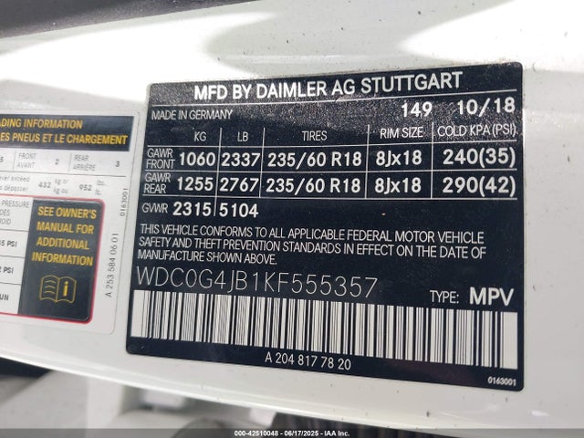 WDC0G4JB1KF555357 Mercedes-Benz m274