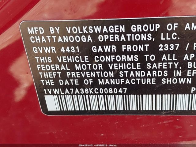 2019 VOLKSWAGEN PASSAT 1VWLA7A36KC008047 Photo 8