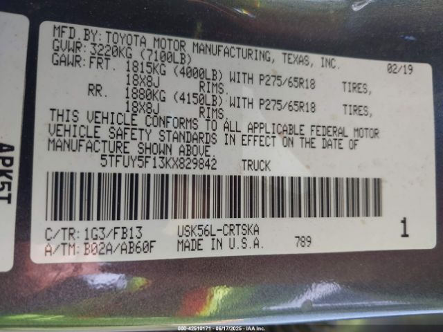 2019 TOYOTA TUNDRA 5TFUY5F13KX829842 Photo 8