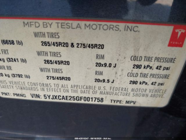 5YJXCAE25GF001758 Tesla MODEL X