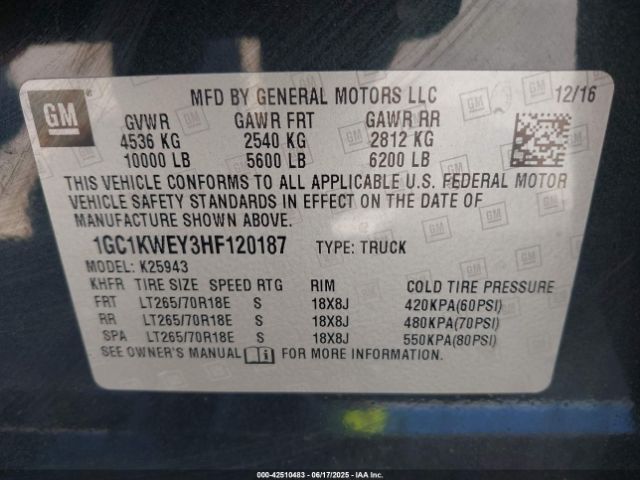 1GC1KWEY3HF120187 Chevrolet l5p - direct injection, duramax, gen 5, var 1