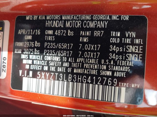 5XYZT3LB3HG412769 Hyundai Santa Fe Sport 2.4l