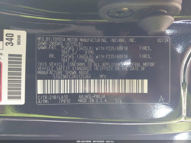 5TDZSKFC2RS125364 Toyota a25a-fxs