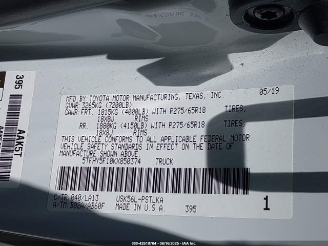 5TFHY5F10KX850374 Toyota 3ur-fe
