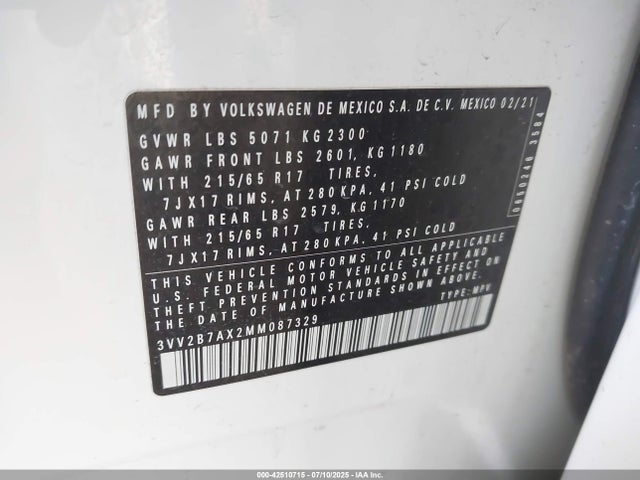 3VV2B7AX2MM087329 Volkswagen 2021