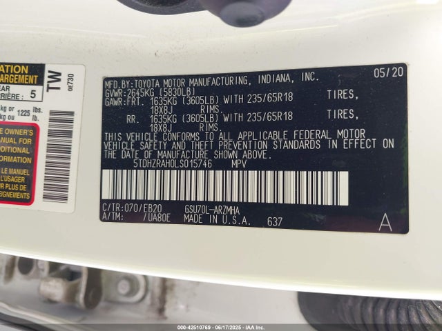5TDHZRAH0LS015746 Toyota 2gr-fks