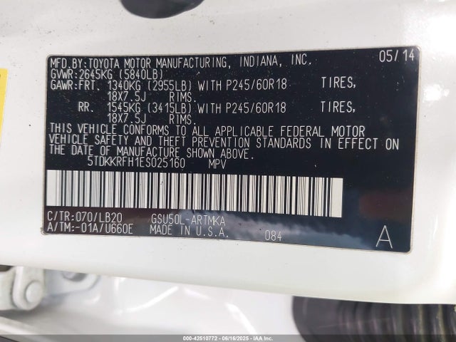 5TDKKRFH1ES025160 Toyota 2gr-fe