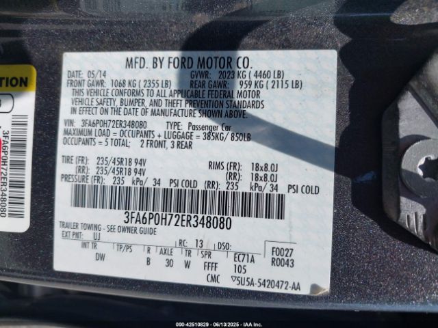3FA6P0H72ER348080 Ford FUSION SE
