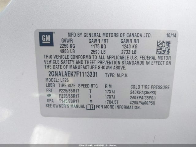 2GNALAEK7F1113301 Chevrolet lea - flex fuel (gas/alc), aluminum, ho,