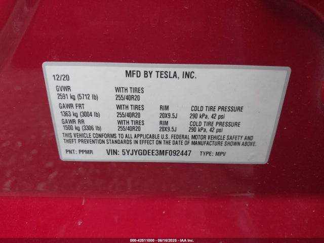 2021 Tesla Model Y Long Range Dual Motor All-wheel Drive მანქანა იყიდება აუქციონზე, vin: 5YJYGDEE3MF092447, აუქციონის ნომერი: 42511000