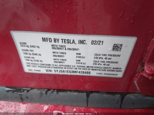 2021 TESLA MODEL S 5YJSA1E53MF428488 Photo 8