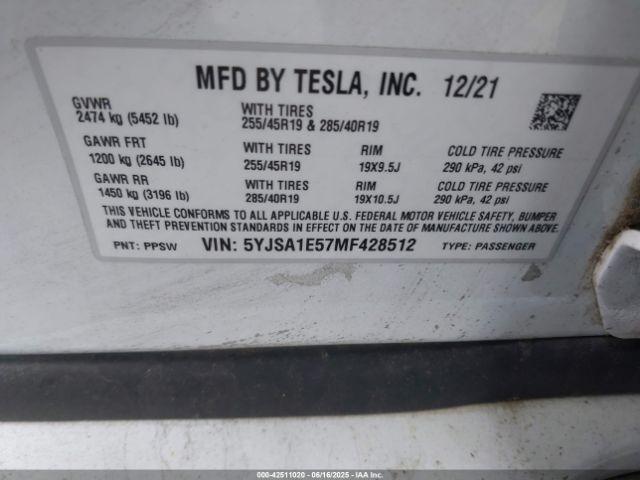 2021 TESLA MODEL S 5YJSA1E57MF428512 Photo 8