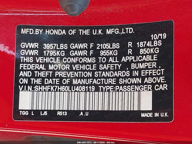 Honda l15ba 2020 SHHFK7H60LU408119 Image 9