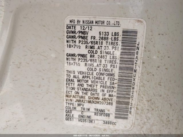 2013 NISSAN MURANO JN8AZ1MUXDW207368 Photo 8