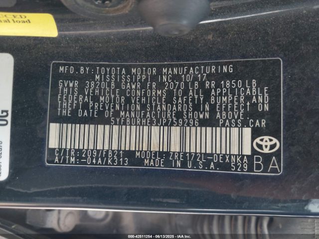 5YFBURHE3JP759296 Toyota 2zr-fe